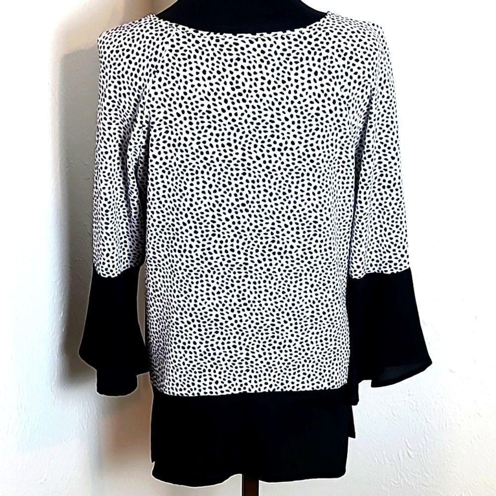 Grey & Gray Black & White Dot Blouse with Solid Black Trim, Size Medium - Picture 6 of 8